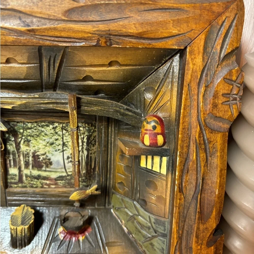 Vintage 3D Hand Carved Wooden Shadow Box Diorama Rustic Fishing Cabin Interior